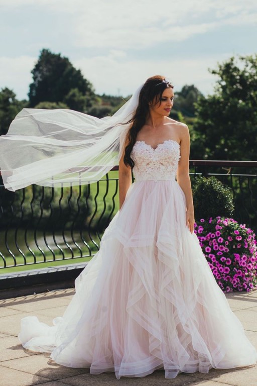 Sweetheart style wedding dress in pink, Catherine Peck model wearing our stick on bra