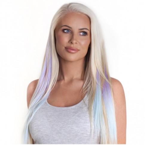model wearing lilac and blue hair streaks