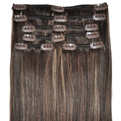 #4/18 Dark Brunette with Golden Blonde Highlights - Clip in Hair Extensions - Full Head