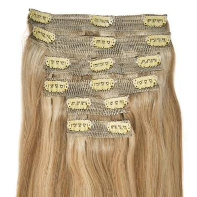 #18/22 Golden Blonde with Light Blonde Highlights - Clip in Hair Extensions - Full Head - DELUXE